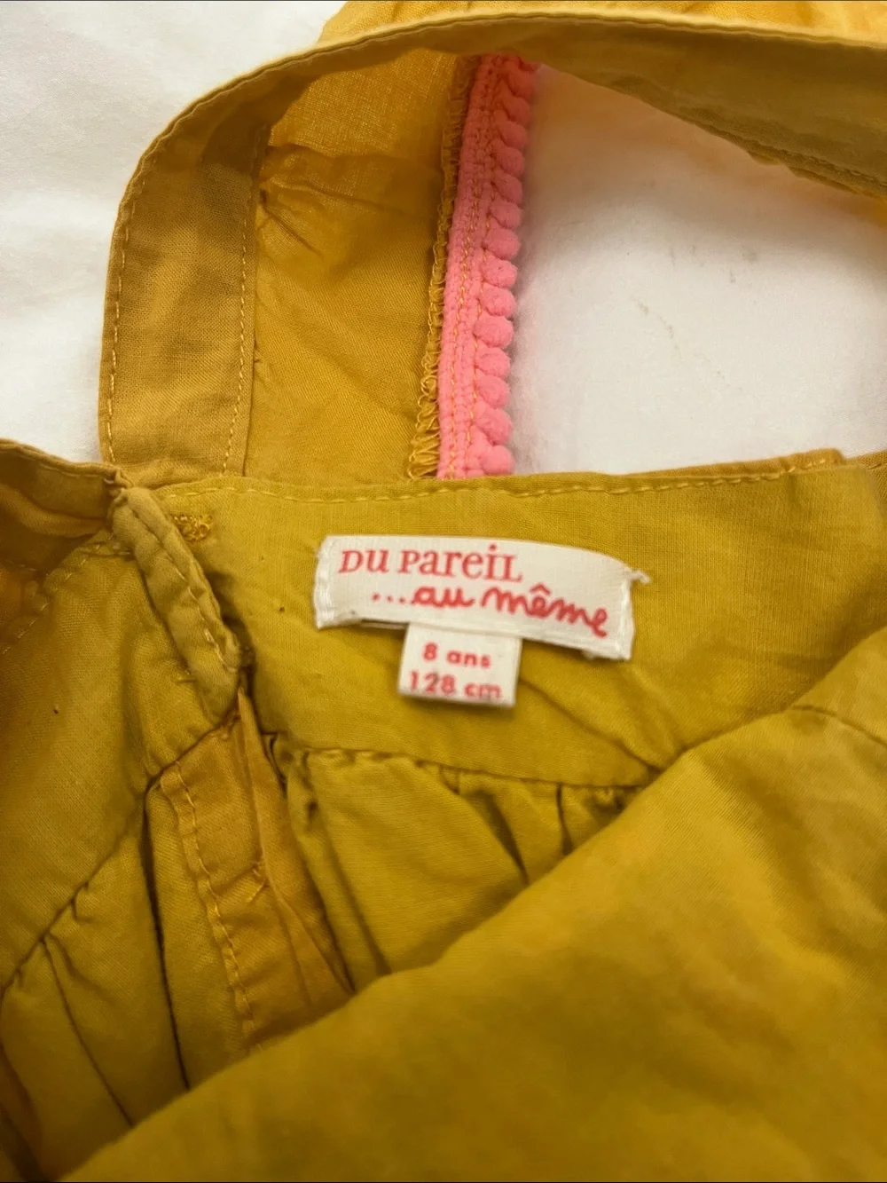 Kids' Mustard Yellow Embroidered Sundress with Pink Trim